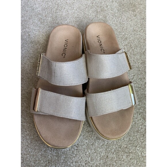 Vionic Brandie  Marshmallow Metallic Cream Sandals Slip On Open Toe Sz 6.5 - Picture 1 of 16